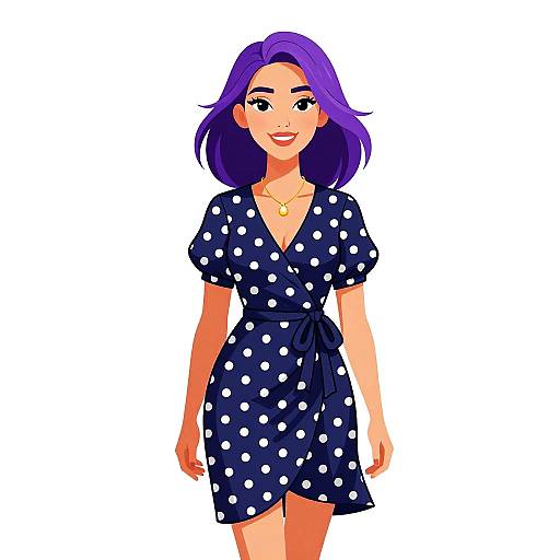 Smiling Woman in Navy Polka Dot Dress