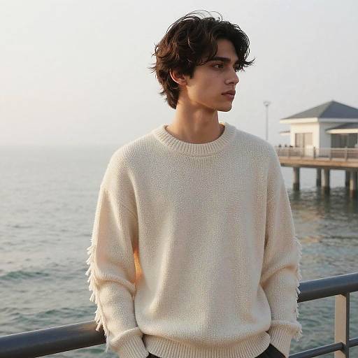 Photograph of a young man with wavy dark hair, wearing a cream knit sweater, standing by a seaside pier at sunset.