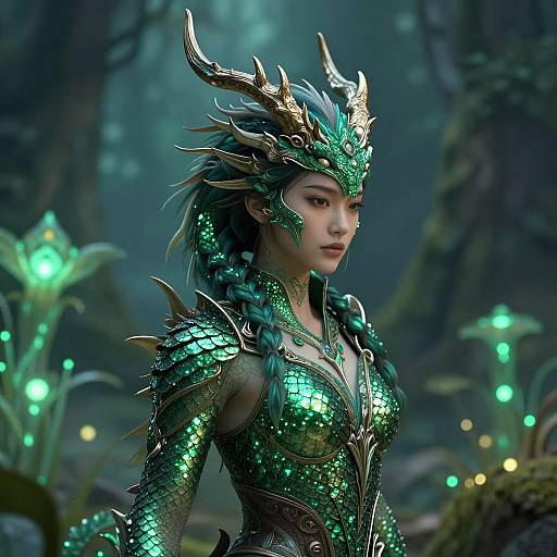 Digital fantasy artwork of an alluring, green-scaled, horned dragon-woman in an enchanted forest, adorned with intricate armor and glowing green accents