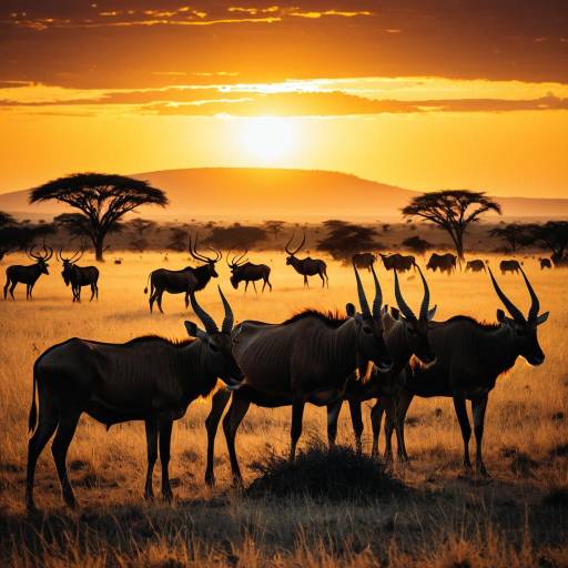Wildebeests and Impalas at African Sunrise Wildebeests and Impalas at African Sunrise