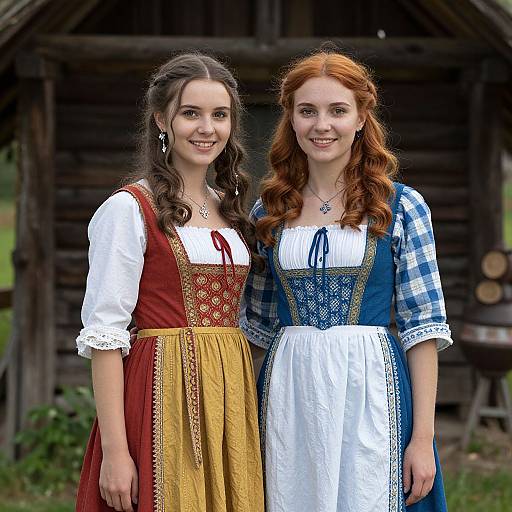 Photograph of two smiling young women in traditional German dirndls, one with brown hair and red dress, the other with red hair and blue check
