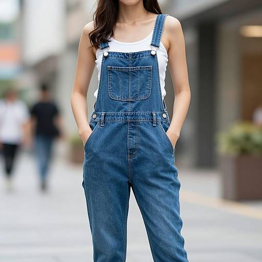 Realistic Girl in Blue Denim Overalls