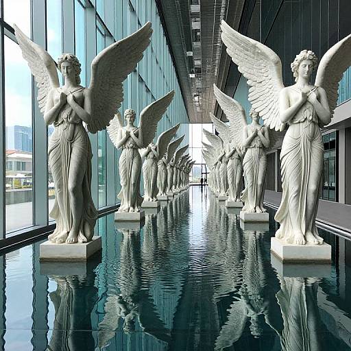 Photograph of a modern atrium with white marble winged statues of classical-style angels in flowing drapery, reflecting on a glossy, reflective floor