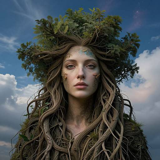 Photorealistic CGI of a pale-faced woman with long, wild, tree-like hair and green foliage crown, set against a blue sky with clouds.