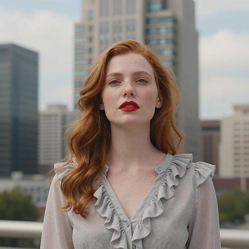 Photograph of a fair-skinned, red-haired woman with wavy hair, red lipstick, and a gray, ruffled blouse, standing in front