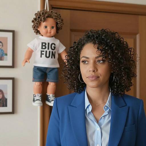 Woman with Curly Hair and Hanging Doll in Office