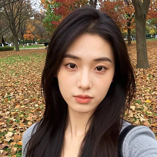 Photograph of an Asian woman with long black hair, light skin, and neutral expression, standing in an autumn park with fallen leaves and colorful trees in