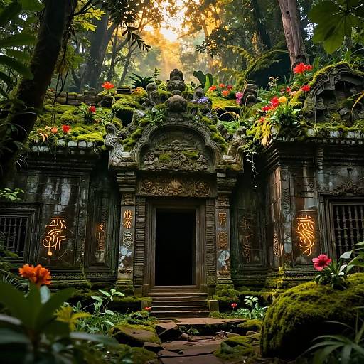 Photograph of an ancient, moss-covered stone temple doorway in a dense, sunlit forest, adorned with vibrant flowers and intricate carvings.