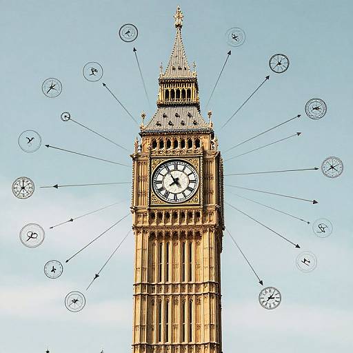 Photograph of Big Ben clock tower with white clock faces radiating from center, set against a clear blue sky.