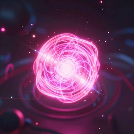 Photograph of a bright, glowing pink light sphere with swirling lines, surrounded by small white dots in a dark, cosmic background.