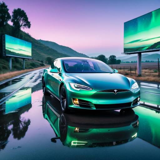 Electric Tesla Car on Wet Road at Dusk