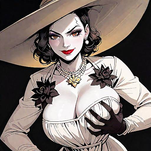 Digital drawing of a glamorous woman with pale skin, black wavy hair, red lipstick, large hat, white dress with black rose accents, black gloves