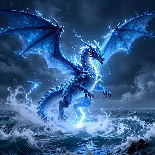 Digital art: Blue electric dragon with glowing wings and spikes, standing in a turbulent ocean, surrounded by lightning and waves.