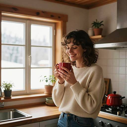 Woman enjoying warm drink in cozy kitchen