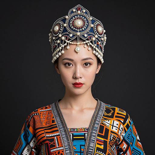 Photograph of an East Asian woman with fair skin, red lipstick, and intricate traditional headpiece, wearing a colorful geometric-patterned dress against a black