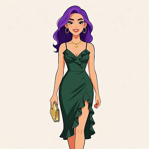 Digital illustration of a confident woman with purple hair, wearing a dark green, ruffled, sleeveless dress, holding a gold clutch, white background.