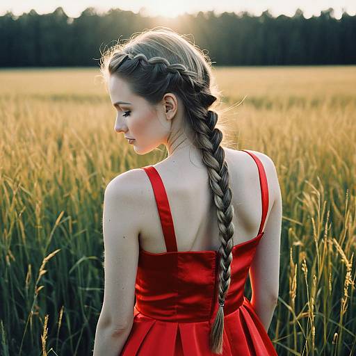 Woman with Halo Braid in Red Dress in Field