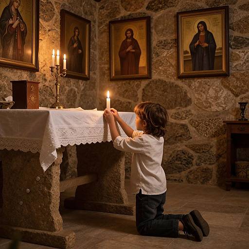 Child Praying at Rustic Altar