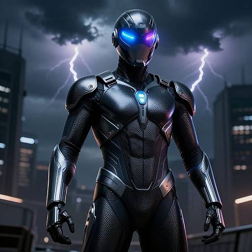 CGI image of a futuristic, armored superhero with glowing blue and purple eyes, standing in a stormy cityscape with lightning. Dark, metallic suit