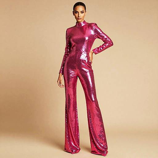 Chic Woman in Hot Pink Sequin Jumpsuit