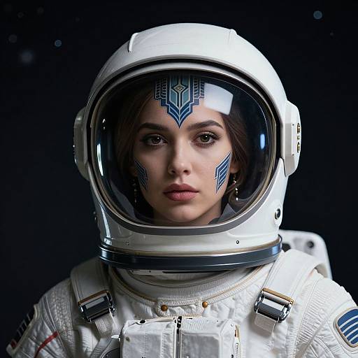 Photorealistic image of a woman in a white astronaut helmet with blue face markings, looking serious against a black background.