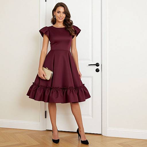 Photograph of a brunette woman in a maroon, short-sleeved, knee-length dress with a ruffled hem, black high heels, and