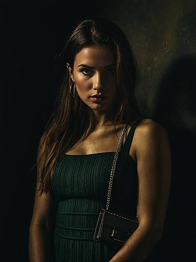 Chic woman in black bodycon dress with purse