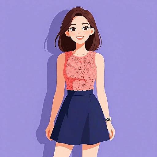 Digital illustration of a smiling woman with shoulder-length brown hair, wearing a pink lace sleeveless top and navy blue skirt, against a solid purple background.