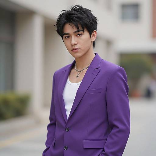 Photograph of an Asian man with black, tousled hair, wearing a purple blazer over a white shirt, standing outdoors with a blurred urban background