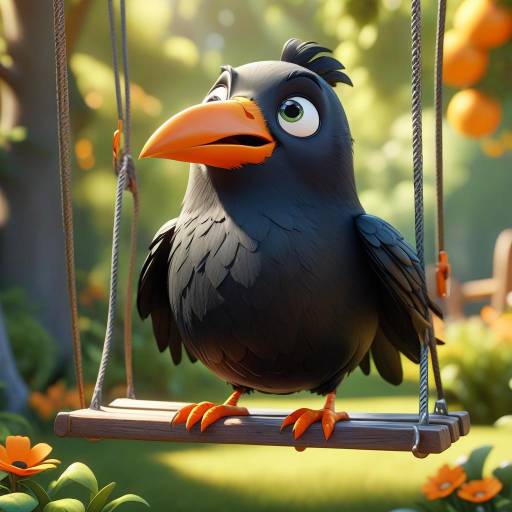 Charming 3D Cartoon Crow on Swing