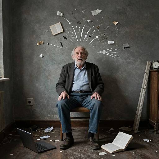 Photograph of an elderly white man with gray hair and beard, wearing a black jacket and blue shirt, sitting on a wooden chair amidst a room with