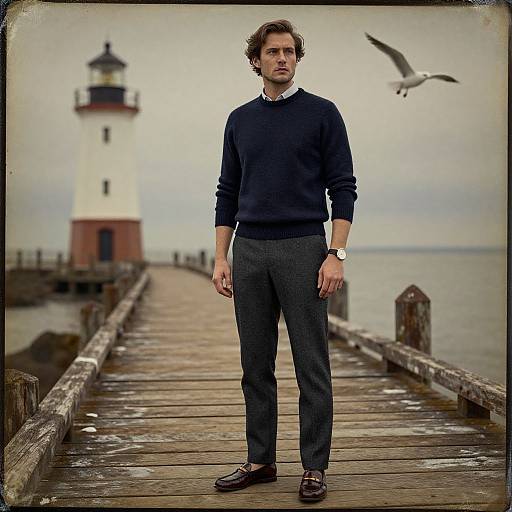 Photograph: Man with wavy brown hair, wearing black sweater, gray trousers, brown shoes, standing on wooden pier, lighthouse in background,