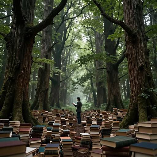Mystical Forest Reading Amidst Stacked Books