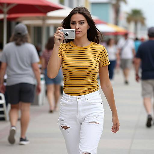 Photograph of a young woman with dark hair, wearing a yellow striped top and white ripped jeans, taking a photo with a camera in a bustling outdoor