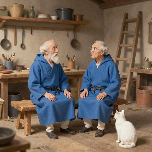 Elderly Men in Blue Robes in Cozy Workshop