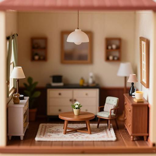 Photograph of a miniature, cozy living room with warm lighting, wooden furniture, green chair, round coffee table, potted plant, and framed pictures
