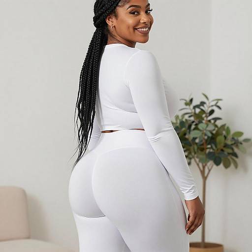 Smiling Woman in White Outfit Side Pose