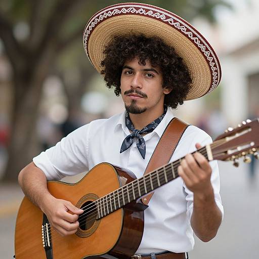 Photograph of a curly-haired, mustached man in a large, patterned sombrero, white shirt, and black neckerchief, playing an