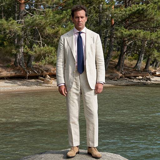 Photorealistic image of a serious man in a white suit, blue tie, and tan shoes standing on a rock in a forested riverside setting