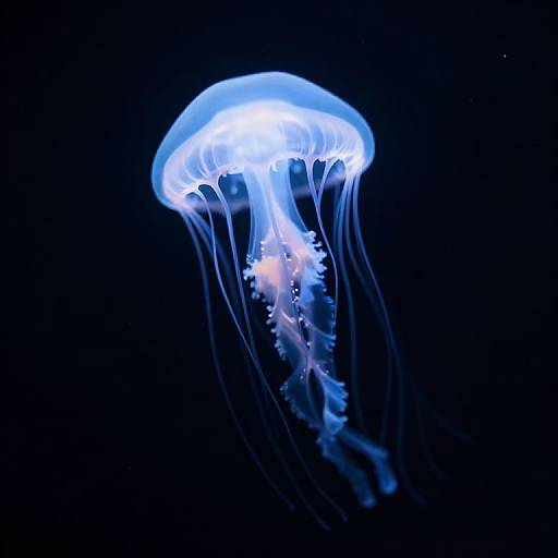 Photograph of a glowing blue and white jellyfish with translucent tentacles, floating against a dark black background.