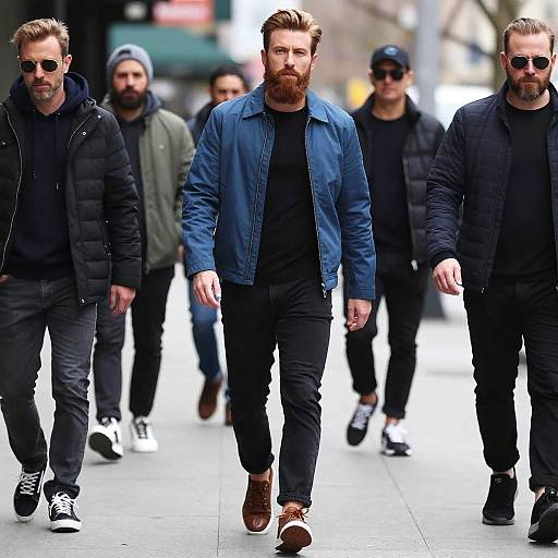 Photograph of six bearded, tattooed men walking on a city sidewalk; central man in blue jacket, brown shoes, leads in foreground.