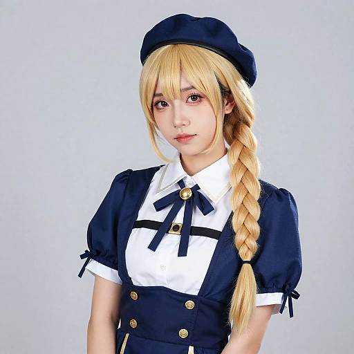 Photograph of an Asian woman with blonde hair in a braid, wearing a navy blue and white maid outfit with gold buttons, black ribbon, and