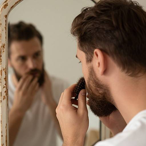 Photograph of a bearded man with dark hair trimming his beard in front of a rusted mirror, wearing a white shirt.