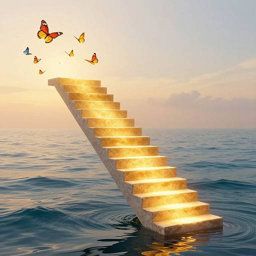 Photograph-like CGI of a glowing, ascending stone staircase emerging from water, with four colorful butterflies flying above at sunset.