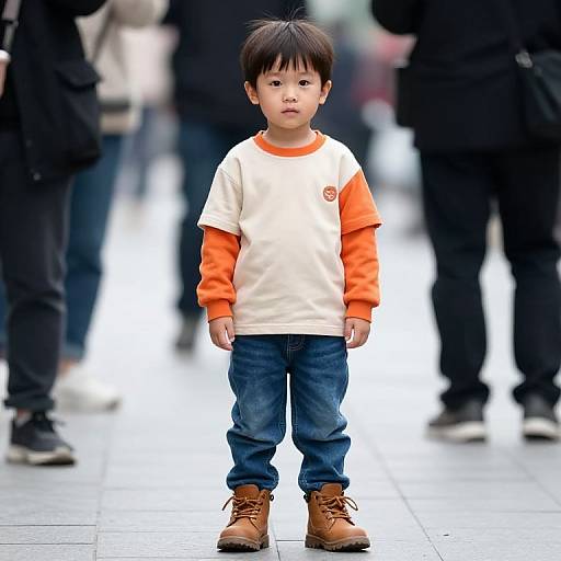 Boy in Casual Outfit on Sidewalk