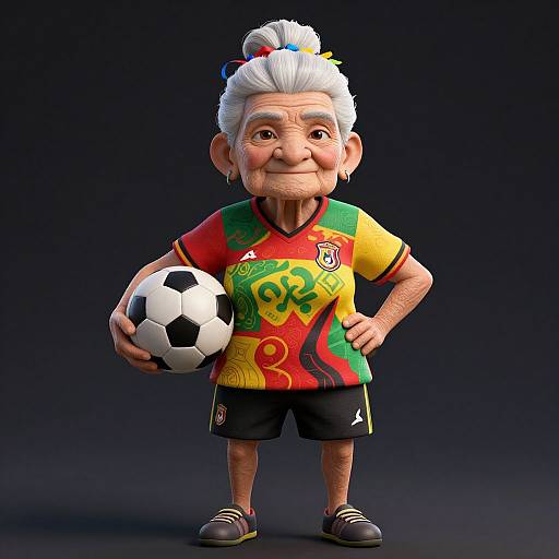 Cartoon elderly woman with white hair in a bun, wearing a colorful Brazilian soccer jersey, black shorts, holding a soccer ball. Dark background. CGI