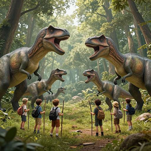Photorealistic CGI: Six children with backpacks and spears stand in a forest, facing four roaring, towering velociraptors. Sunlight filters