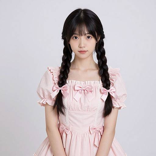 Photograph of an Asian girl with long black braids, wearing a pink, off-shoulder dress with bows, standing against a plain white background