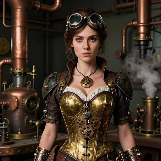 Digital art of a steampunk woman with brown hair, goggles, gold corset, and black armor in a copper pipe-filled industrial setting.
