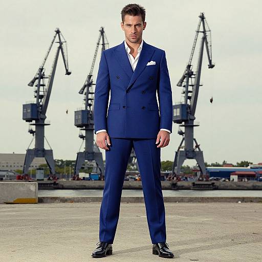 Photograph of a handsome man in a sharp blue suit, white shirt, and black shoes, standing confidently in front of industrial cranes.